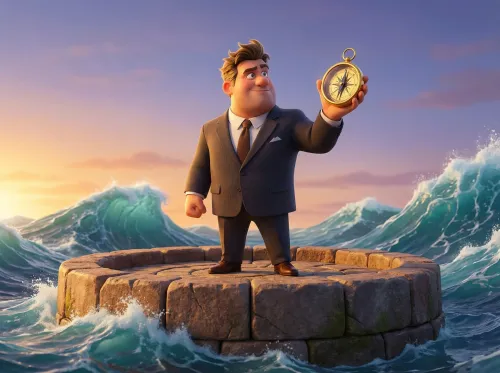 Homme sur rocher, boussole face à la mer agitée aube