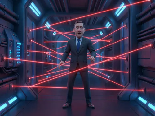 Homme confronté à des lasers rouges de sécurité