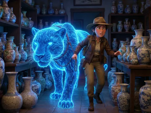 Panthère lumineuse guidée parmi pots fragiles