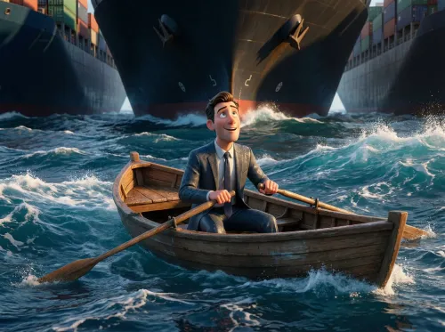 Homme d'affaires en barque face aux cargos géants