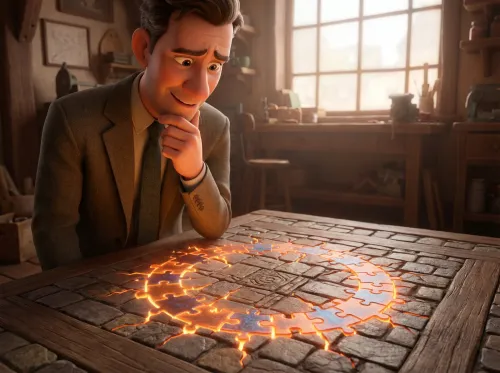 Homme face à un sol fissuré en puzzle lumineux