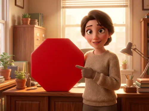 Femme pointant un panneau stop rouge sur un bureau