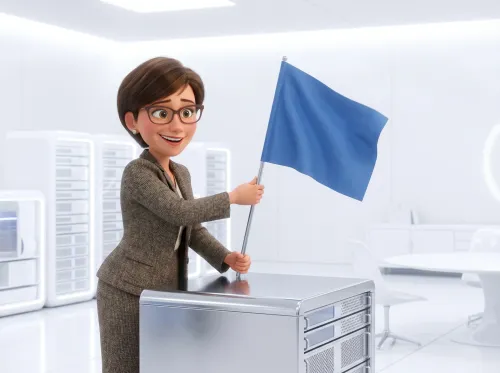 Femme plante drapeau sur serveur dans salle blanche