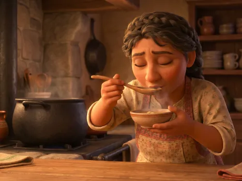 Femme goûtant une soupe devant une marmite