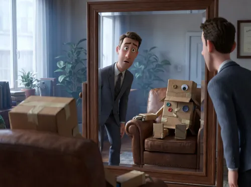 Dirigeant perplexe et reflet robotique inattendu