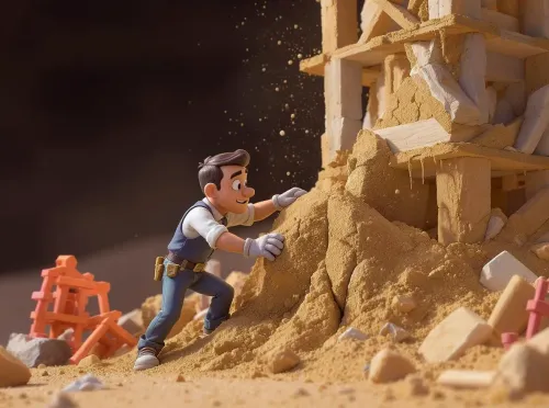 Un entrepreneur  place la dernière pièce d'une structure impressionnante mais visiblement instable, construite sur un socle de sable qui s'effrite. 