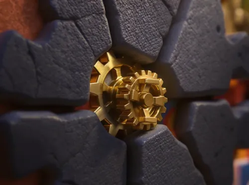 Engrenage doré résolvant un puzzle en pierre