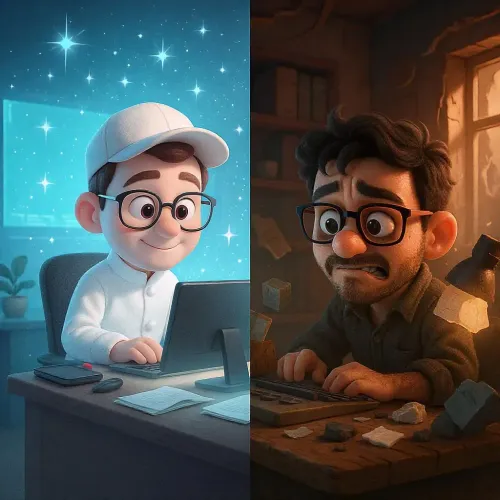 un dévellopeur dans un environnement propre et l'autre dans un environnement délabré