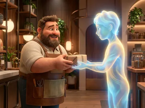 Commerçant remettant un colis à une silhouette numérique