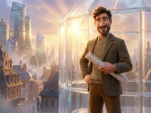 Architecte confiant devant structure en verre lumineuse