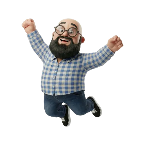 représentation dans un style 3D de Sébastien qui saute de joie