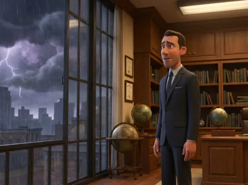 Homme en costume observant une tempête depuis son bureau.