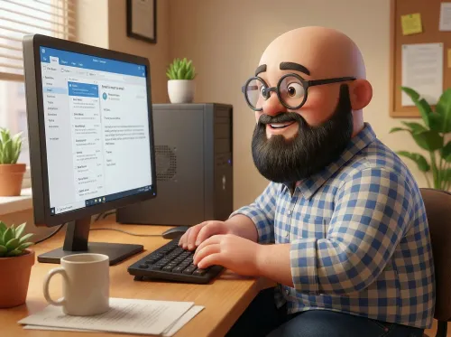 représentation dans un style 3D de Sébastien qui écrit une lettre avec un pc a côté de lui