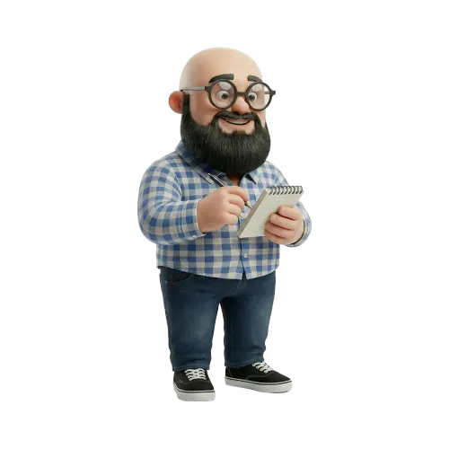 représentation dans un style 3D de Sébastien qui prend des notes