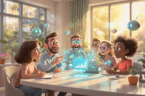 groupe de personnes à une table avec de l'IA au centre