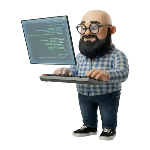 représentation dans un style 3D de Sébastien qui tape au clavier devant un écran transparent avec du code