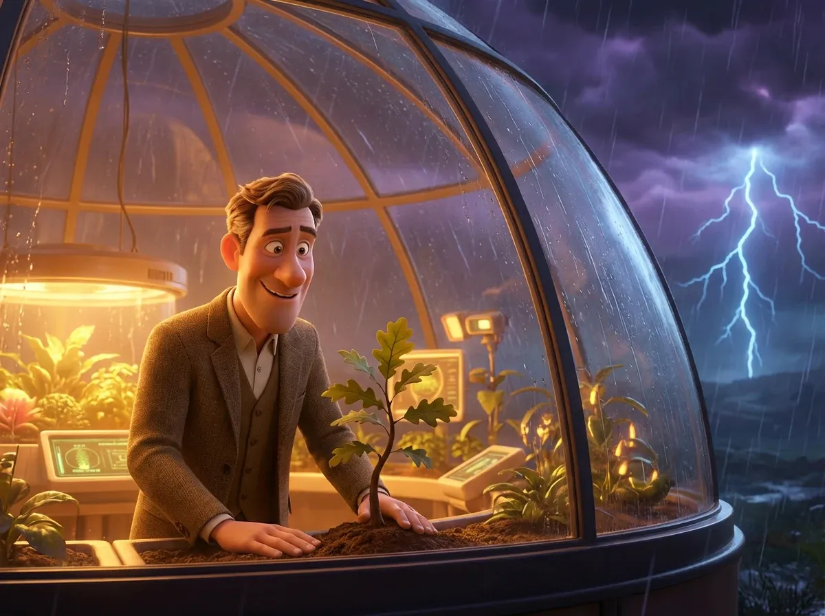 Plantant chêne en serre, orage à l'extérieur.