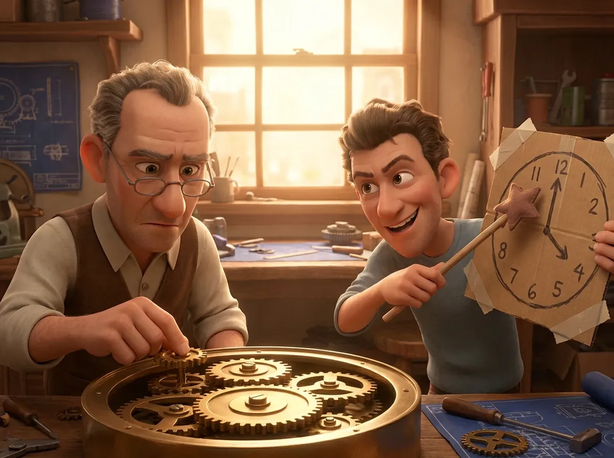 Ingénieur ajustant horloge complexe; enfant joue