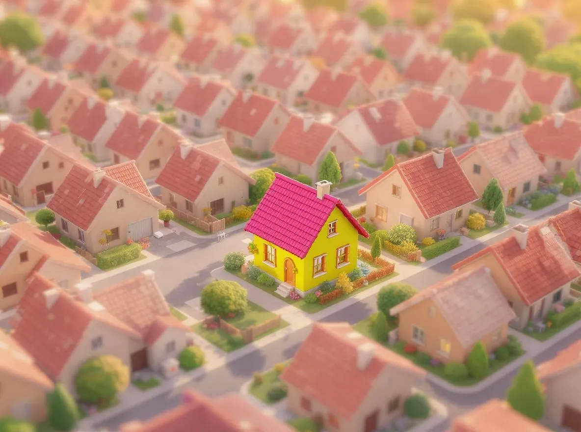 Maisons préfabriquées uniformes, une unique colorée