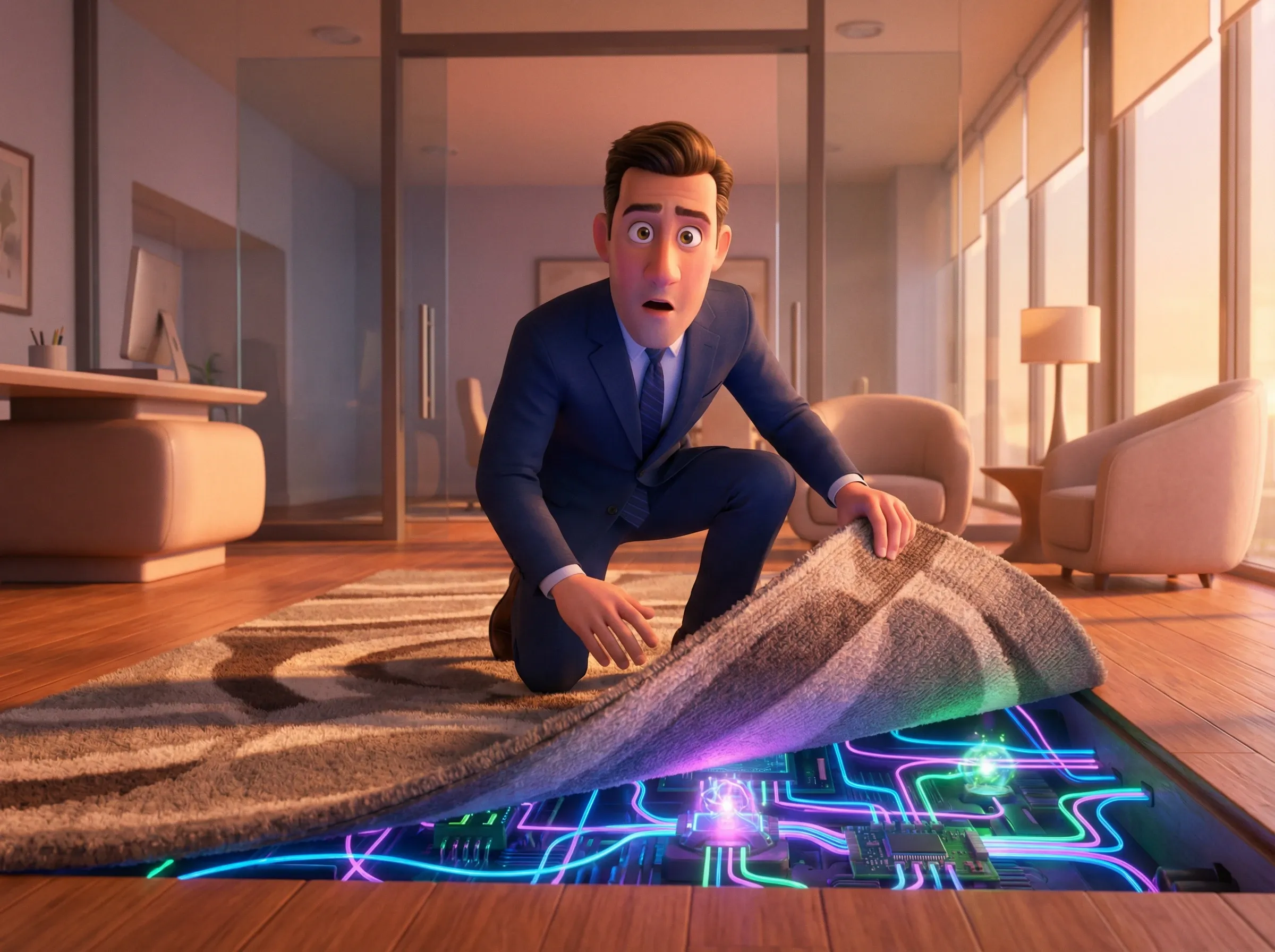 Homme découvre tech complexe sous tapis chic