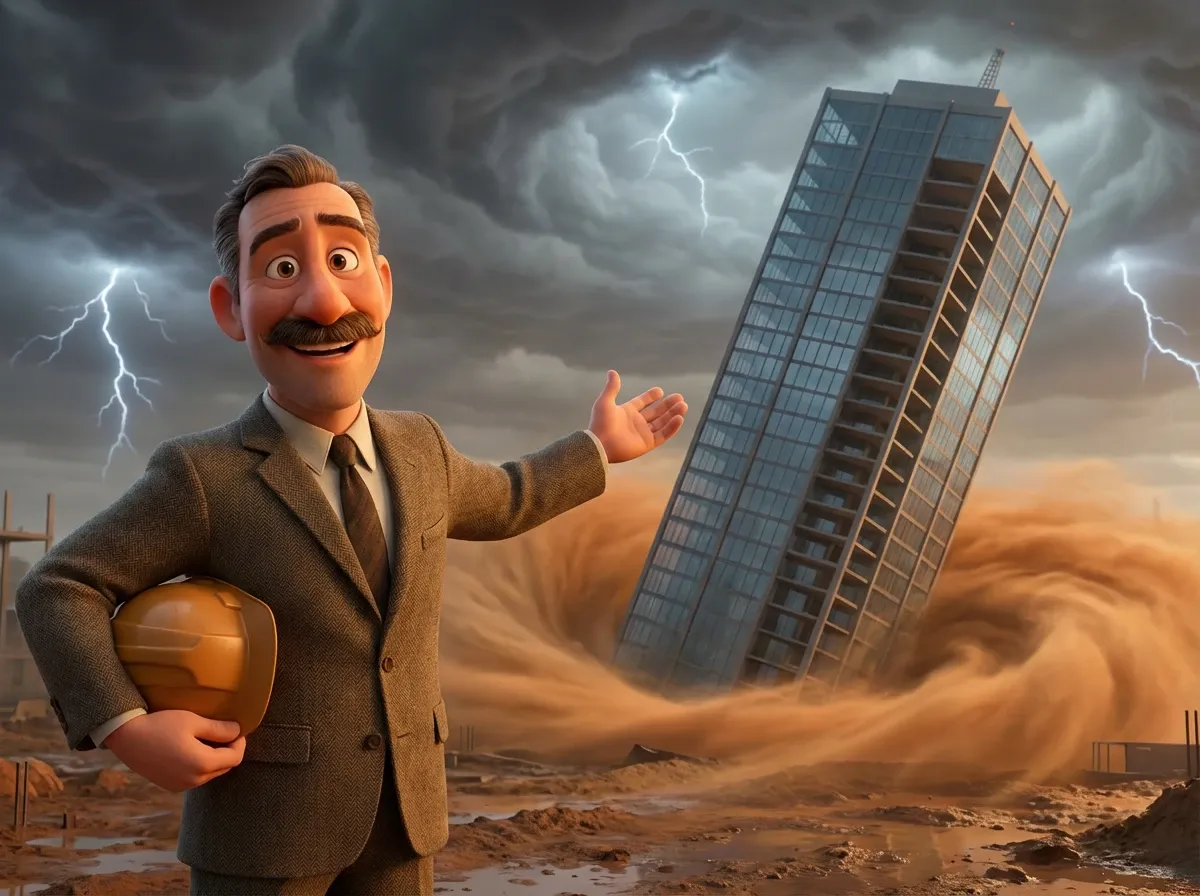 Architecte et gratte-ciel sur sable mouvant.