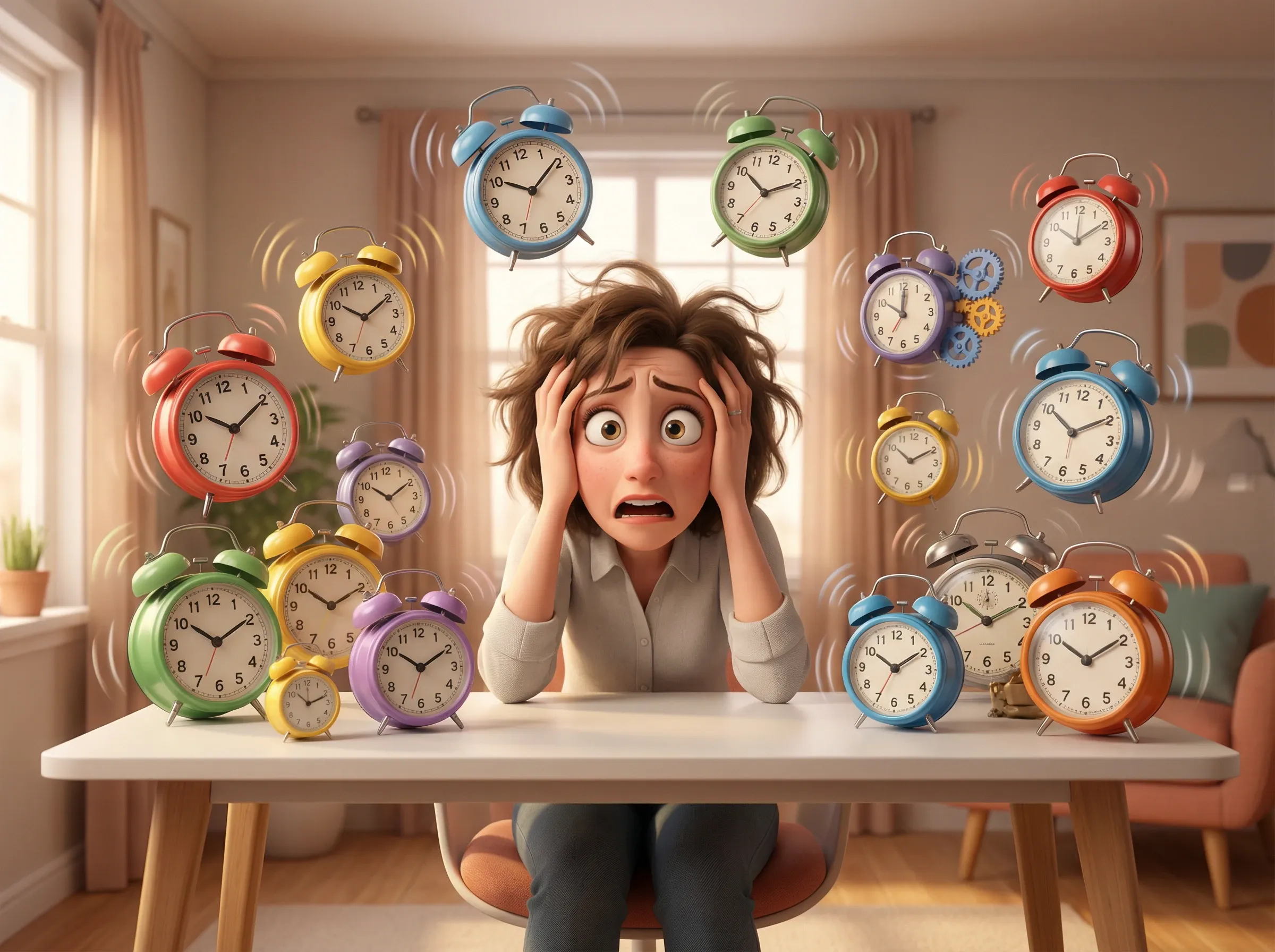 Femme submergée par réveils sonnants