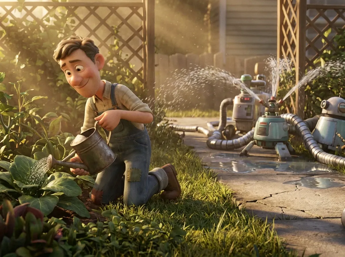 Jardinier arrose plante, ignore arrosage auto