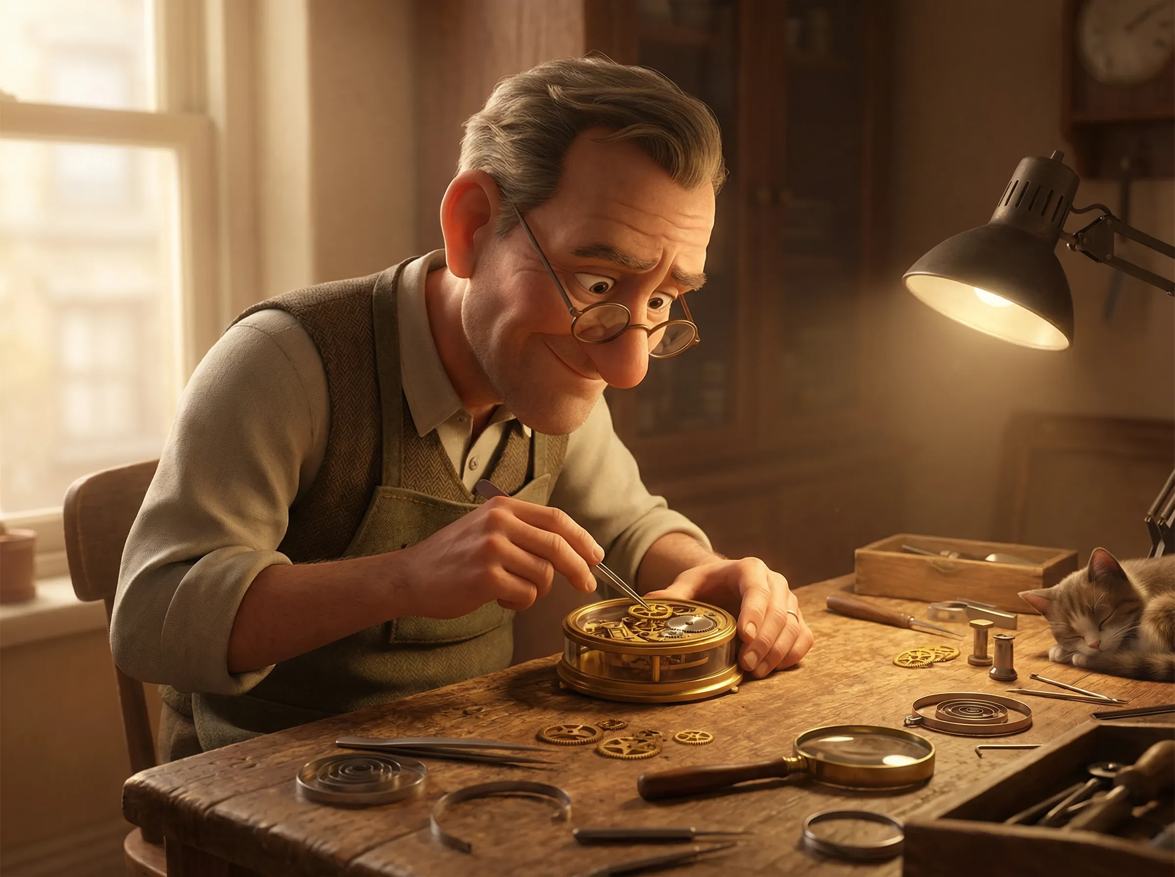 Horloger travaillant sur le mécanisme d'une montre