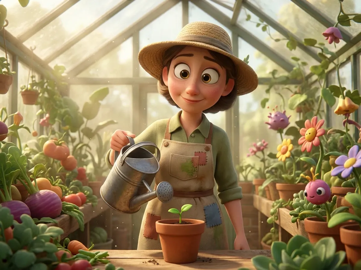 Jardinière attentive arrose une jeune pousse en serre