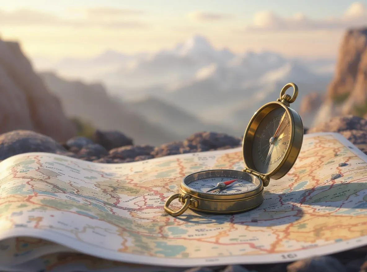 Boussole sur carte, montagnes lointaines