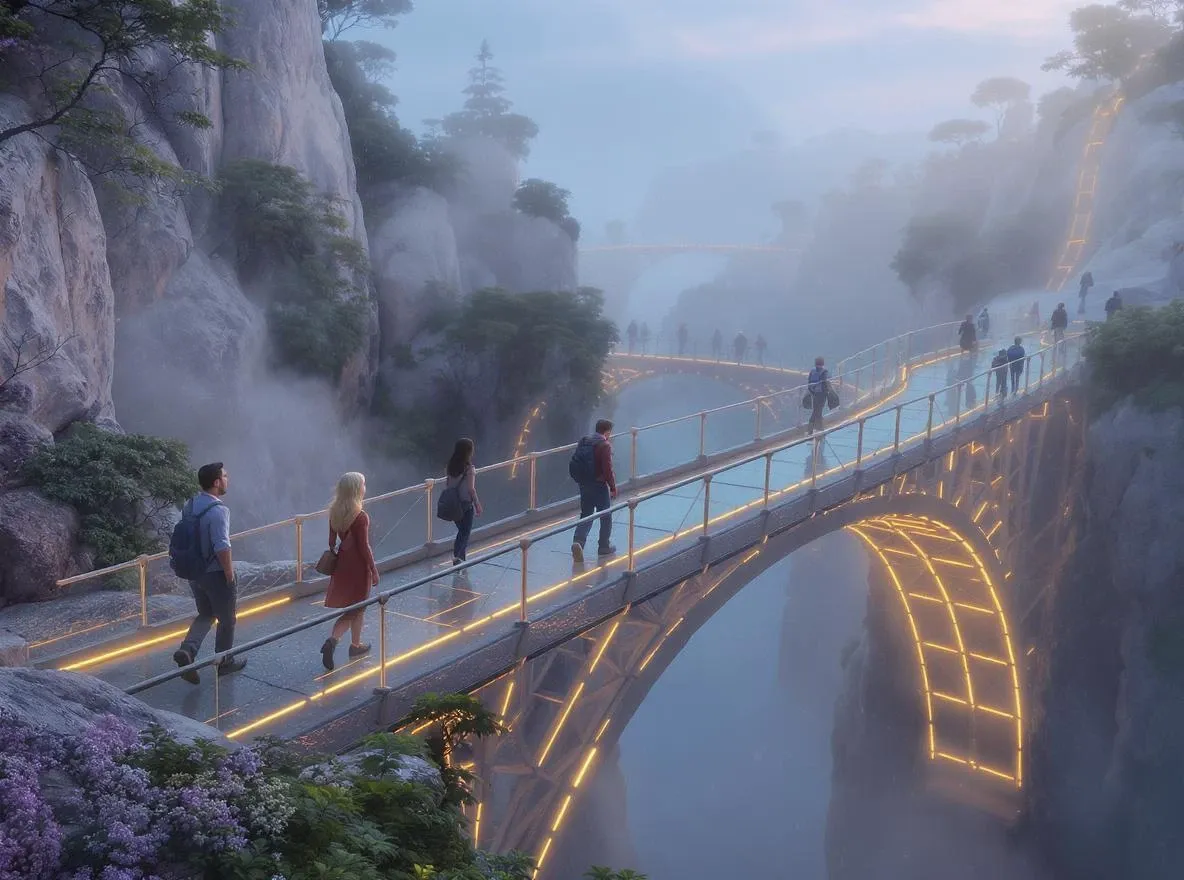 Pont de lumière et de verre sur un abîme brumeux
