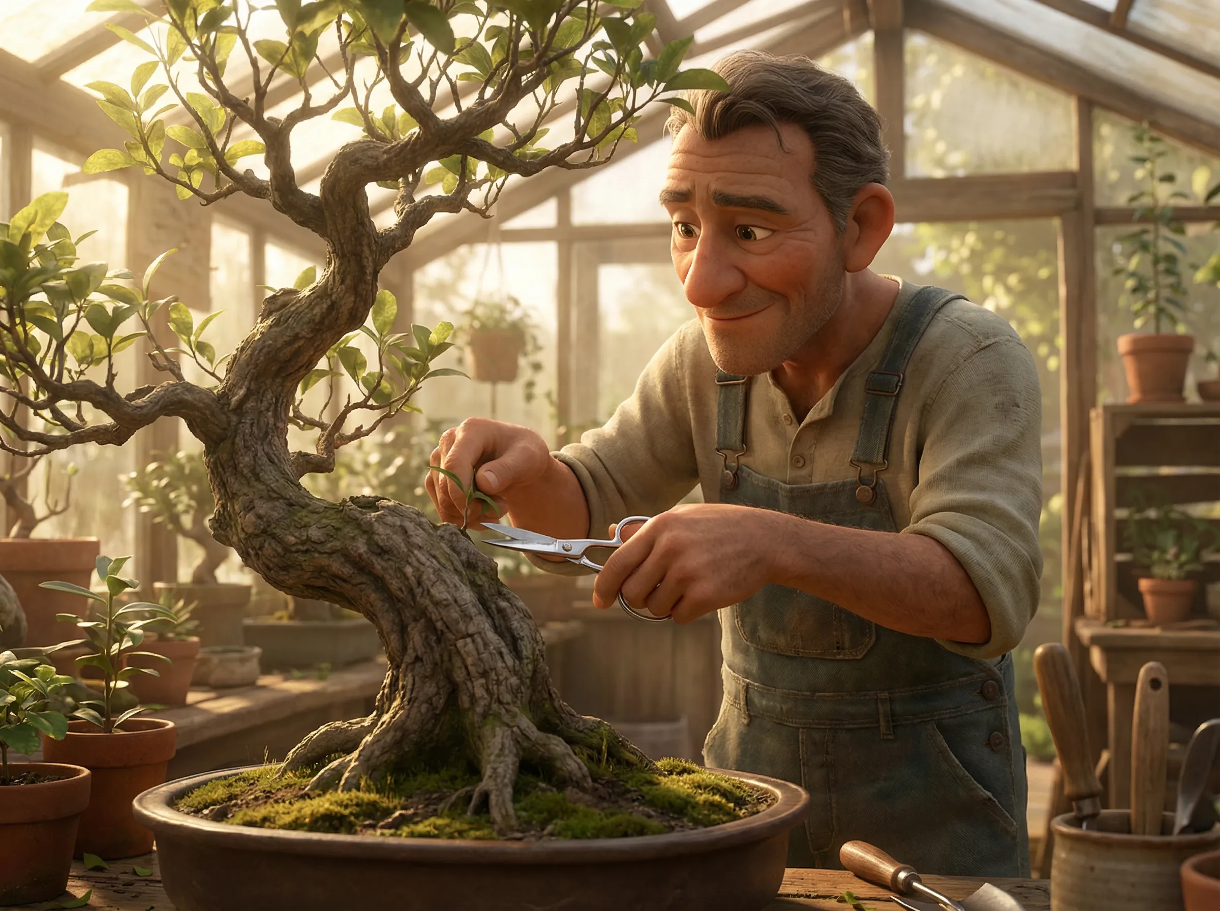 Maître bonsaï taille un arbre centenaire.