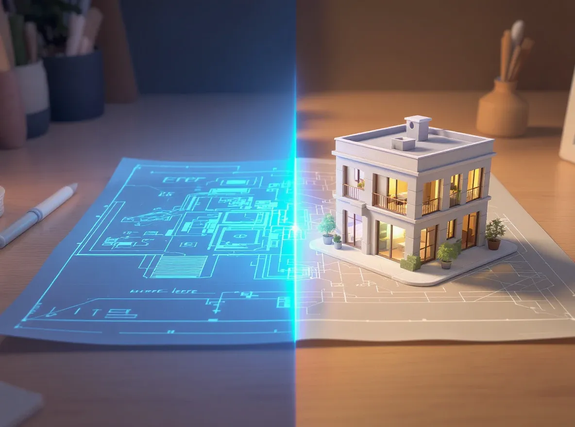 Plan architectural 2D devient bâtiment 3D