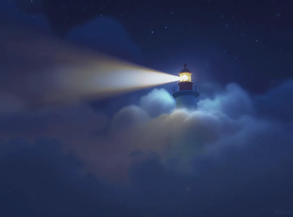 Phare nocturne perçant la brume