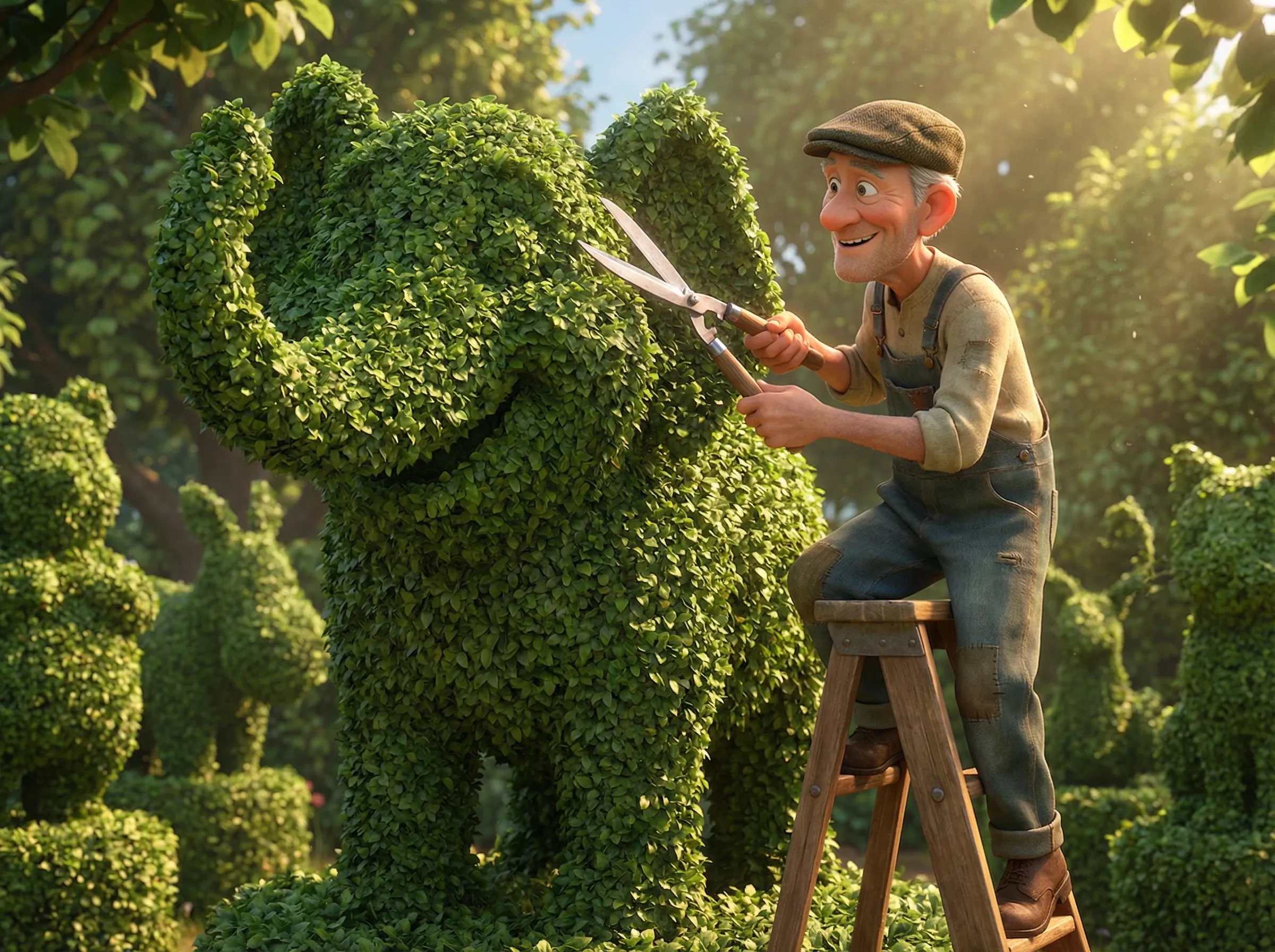 Jardinier taillant une haie animalière géante